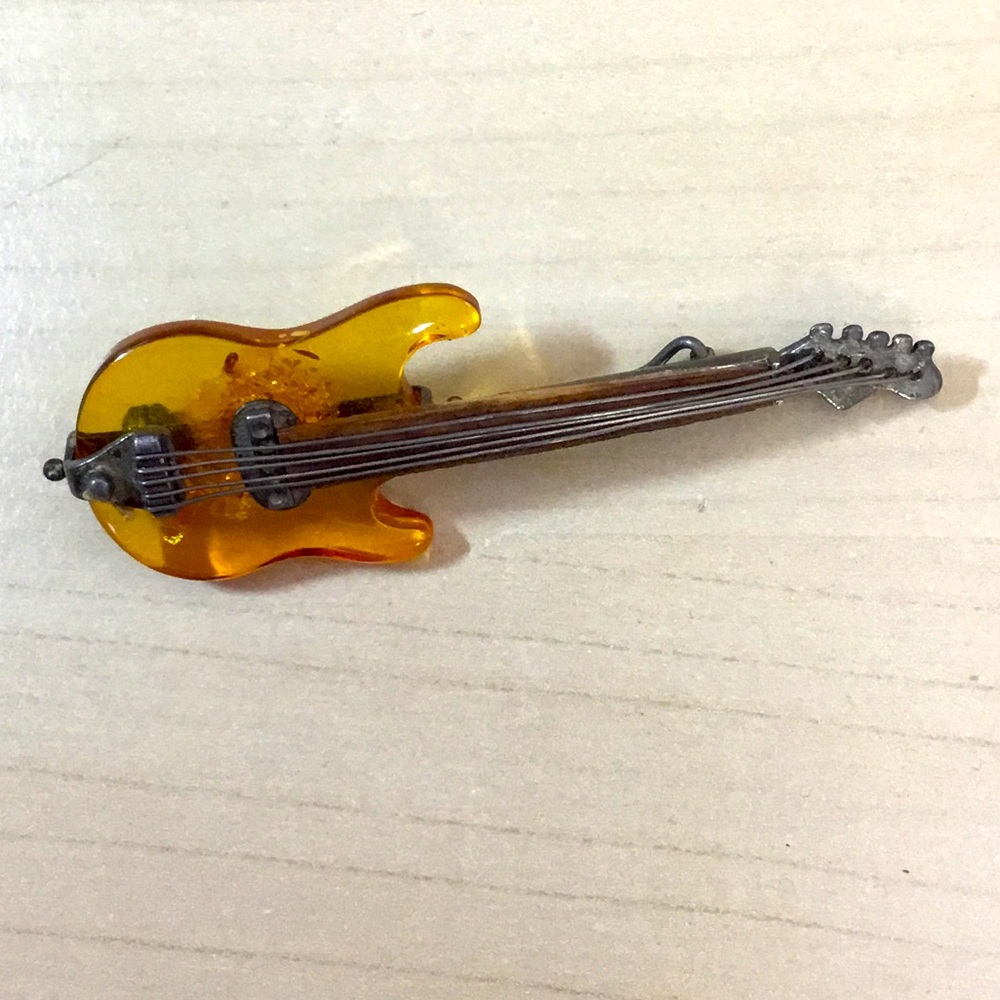 Vintage Sterling Silver and Amber Electric Guitar Brooch Pin